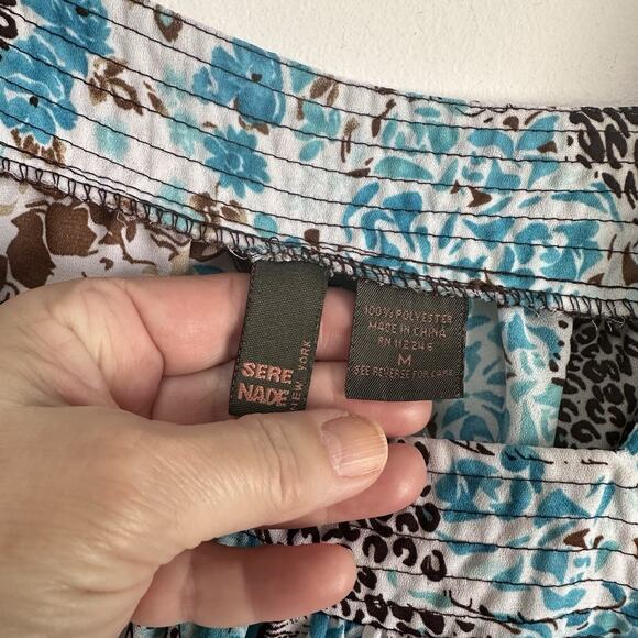 Sere Nade Top M Blue Brown Animal Chiffon Drawstring Split Sleeve Popover Boho - Picture 6 of 9